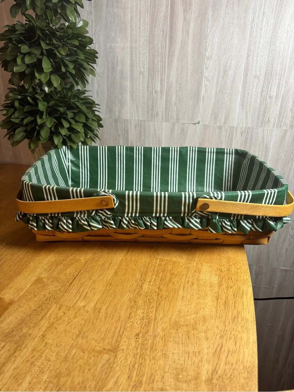 Vintage 1978 Longaberger Handwoven Basket with Original Green Striped Liner